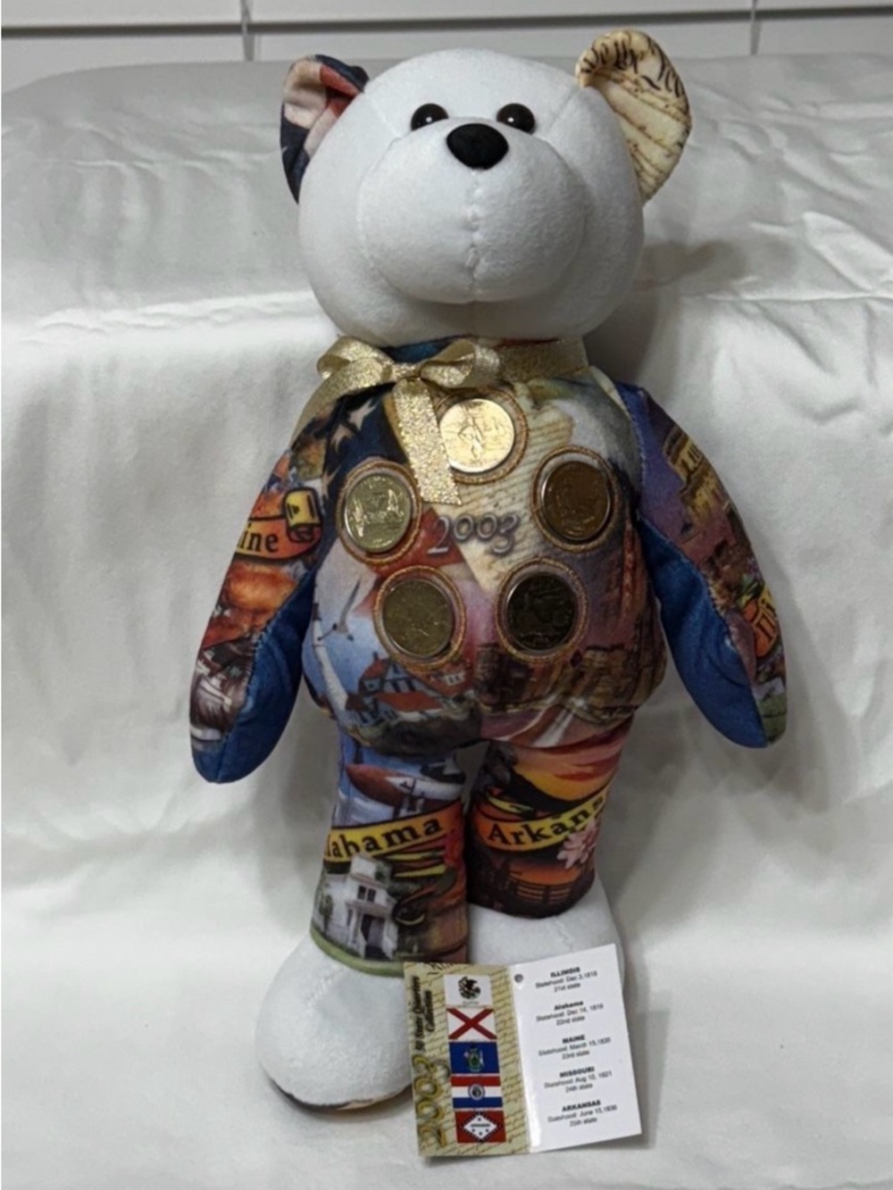Collectible Patchwork State Bear With State Coins- White & Multicolor
